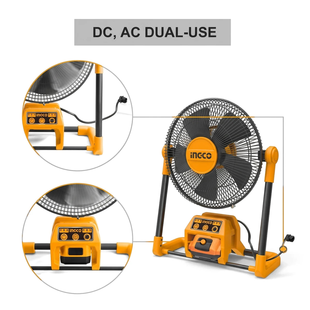 Orange and black C/L 3 Settings Fan, portable and dual-use (DC, AC), displayed front view on a clean background.