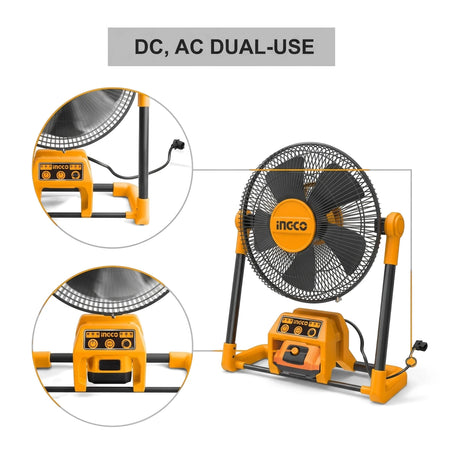 Orange and black C/L 3 Settings Fan, portable and dual-use (DC, AC), displayed front view on a clean background.