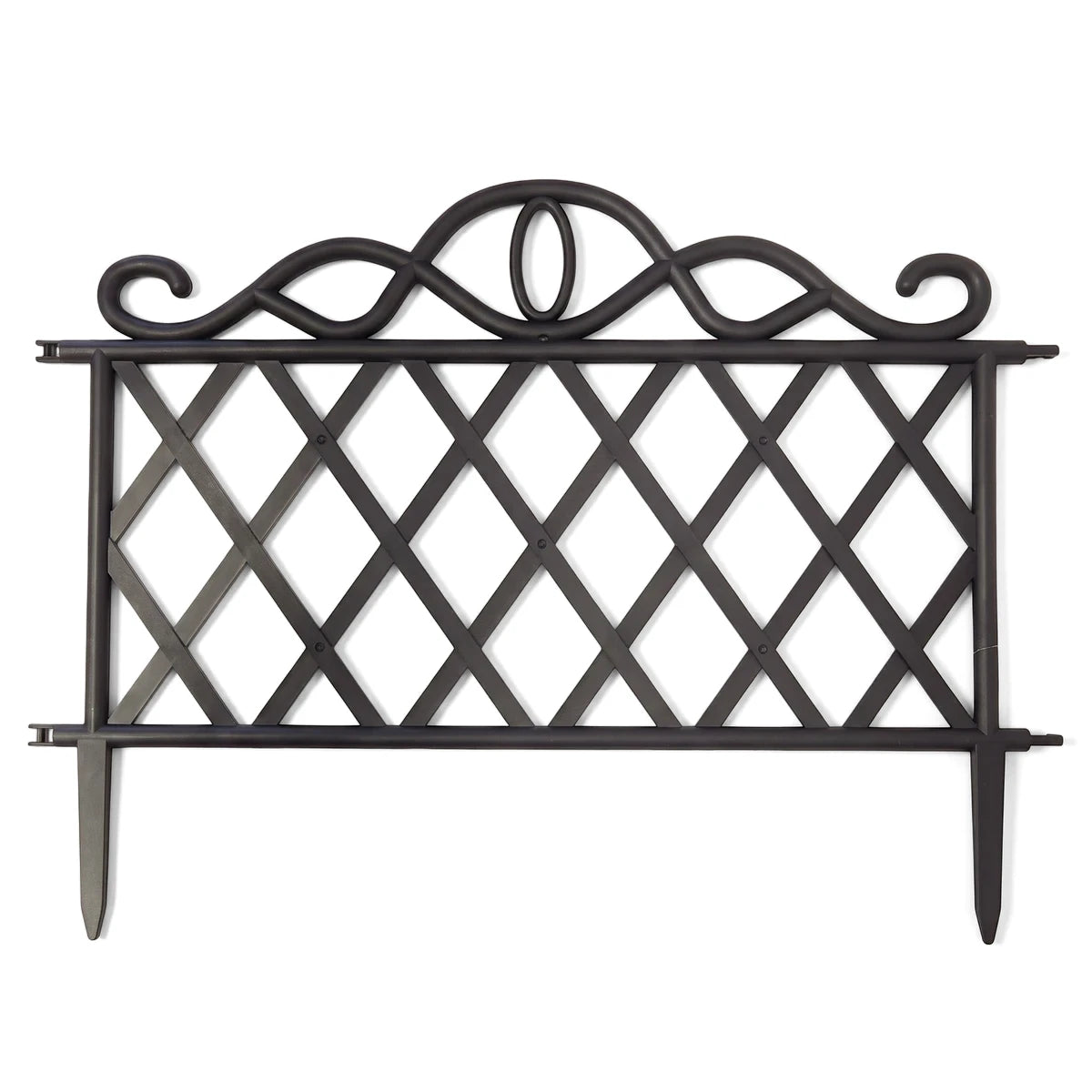 Classic black plastic garden fence with a decorative scroll top and diamond lattice pattern for garden edging.