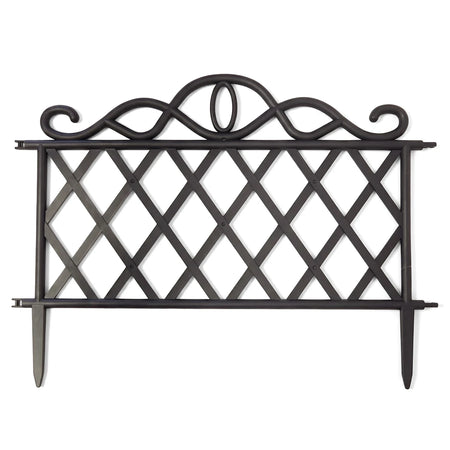 Classic black plastic garden fence with a decorative scroll top and diamond lattice pattern for garden edging.