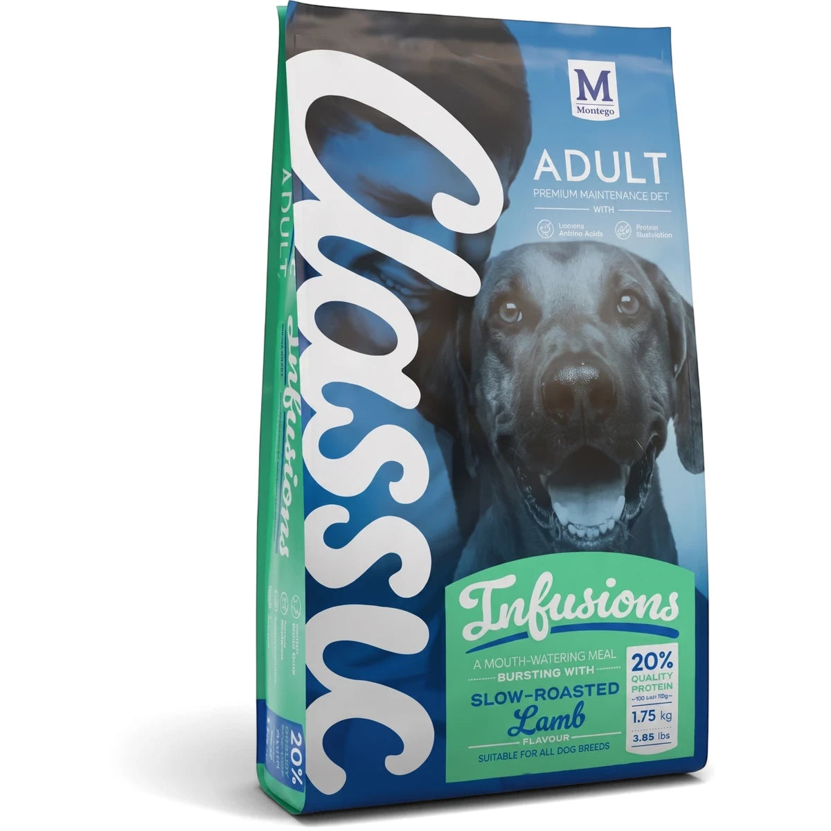 Classic Dog Food Adult Infusions Slow Roasted Lamb Dog Food bag in blue and green packaging, 1.75kg, standing upright.