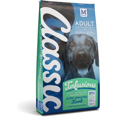 Classic Dog Food Adult Infusions Slow Roasted Lamb Dog Food bag in blue and green packaging, 1.75kg, standing upright.