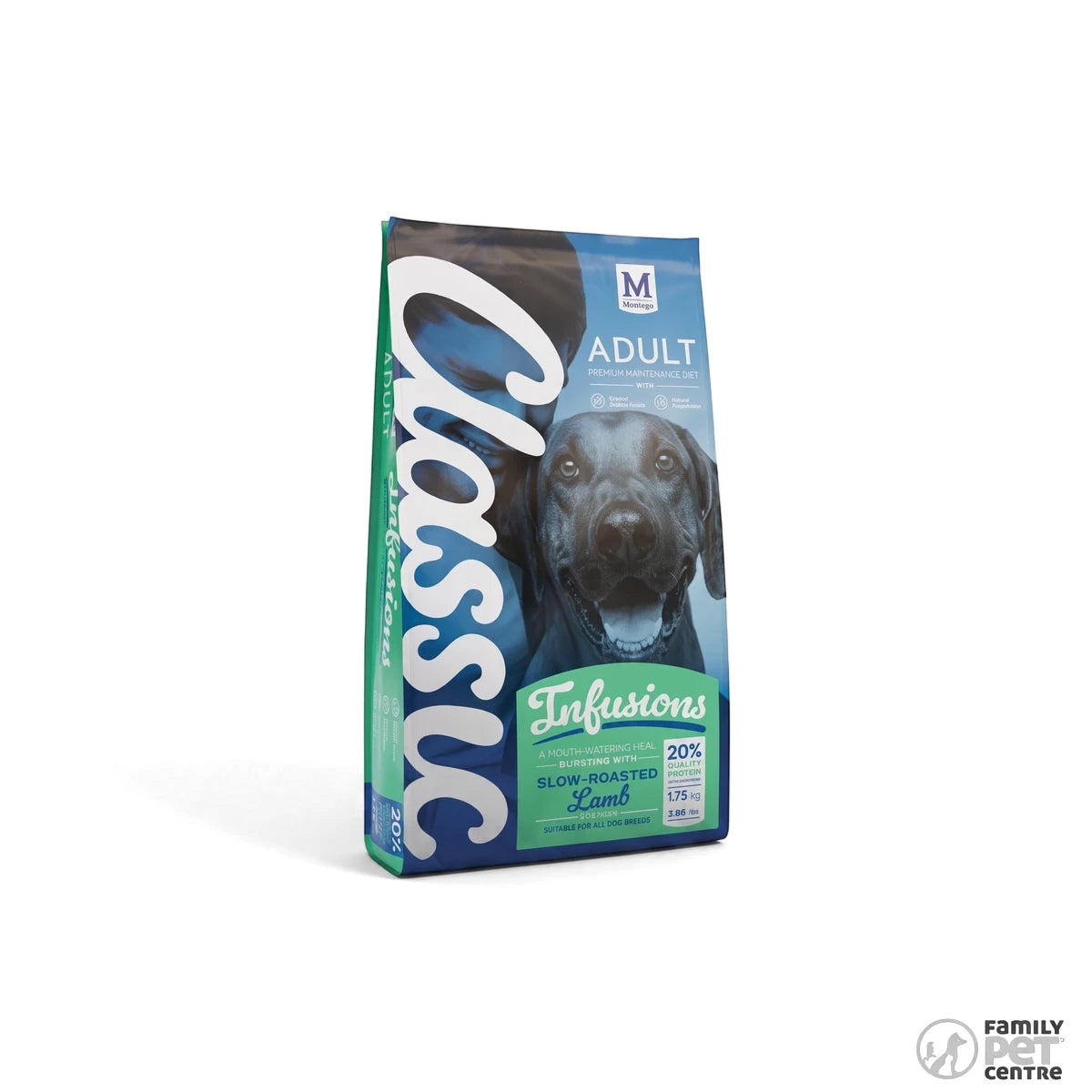 Classic Dog Food Adult Infusions Slow Roasted Lamb in a blue, green, and white bag featuring a black dog.