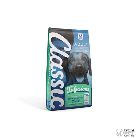 Classic Dog Food Adult Infusions Slow Roasted Lamb in a blue, green, and white bag featuring a black dog.