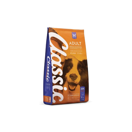 Classic Dog Food Adult Infusions Rotisserie Chicken in an orange and blue bag with a Border Collie image.