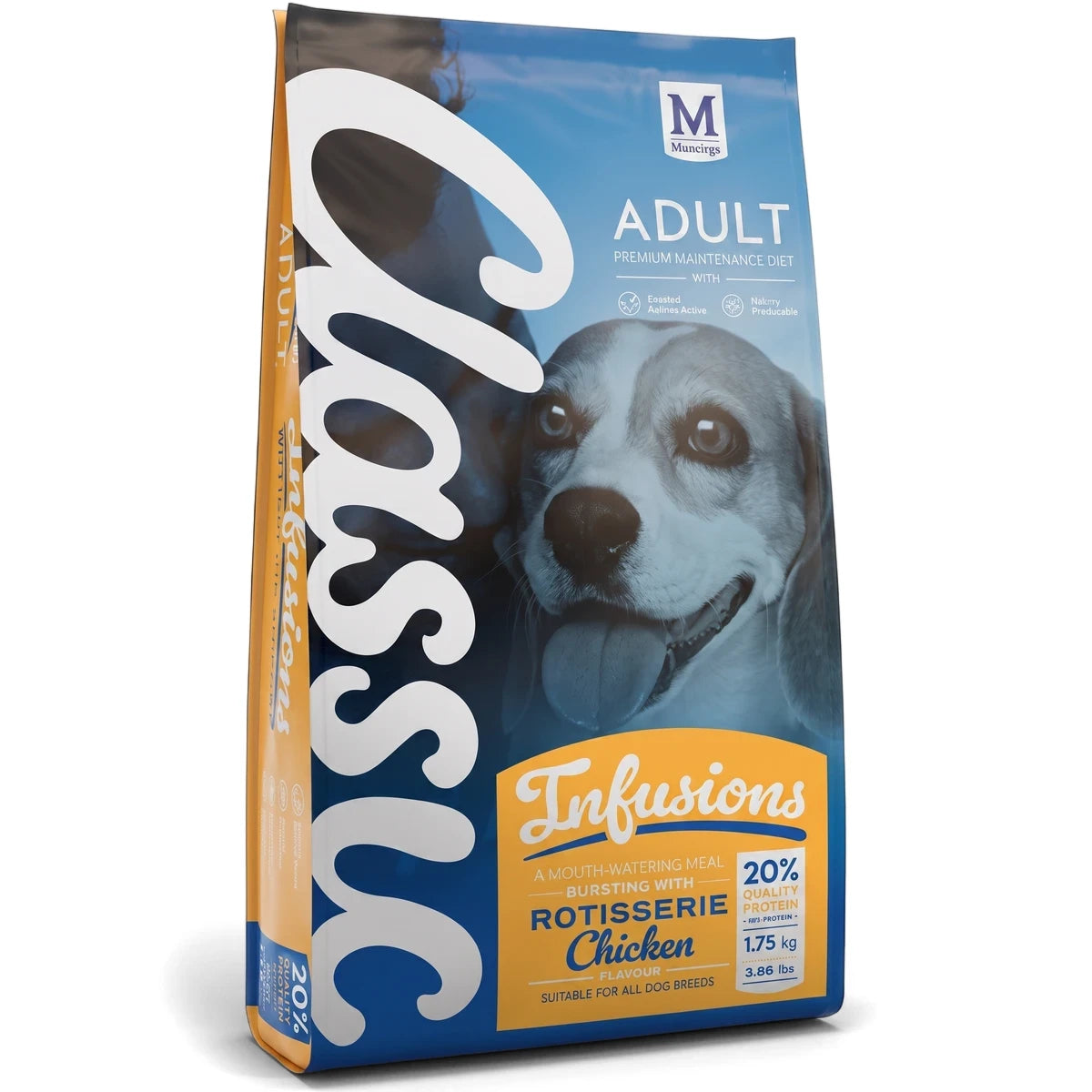 Classic Adult Infusions Rotisserie Chicken dog food in a blue and orange 1.75kg bag featuring a beagle dog.