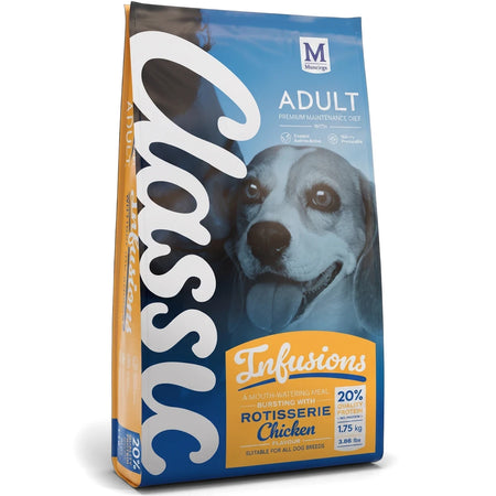Classic Adult Infusions Rotisserie Chicken dog food in a blue and orange 1.75kg bag featuring a beagle dog.