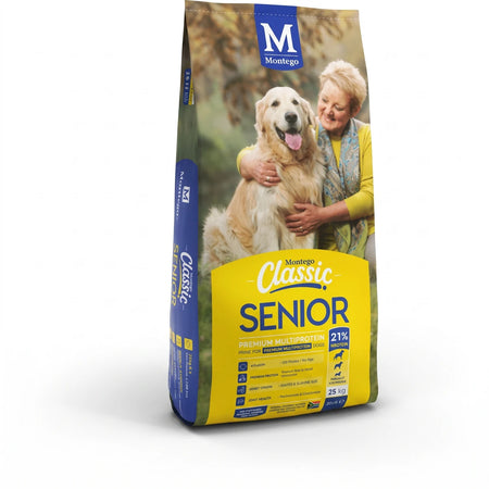 Classic Dog Food Senior Dog Food in a blue and yellow bag, front view, dry kibble formula for senior dogs.