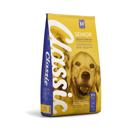 Classic Senior Dog Food in a standing yellow and blue bag, featuring a golden retriever, with visible nutritional