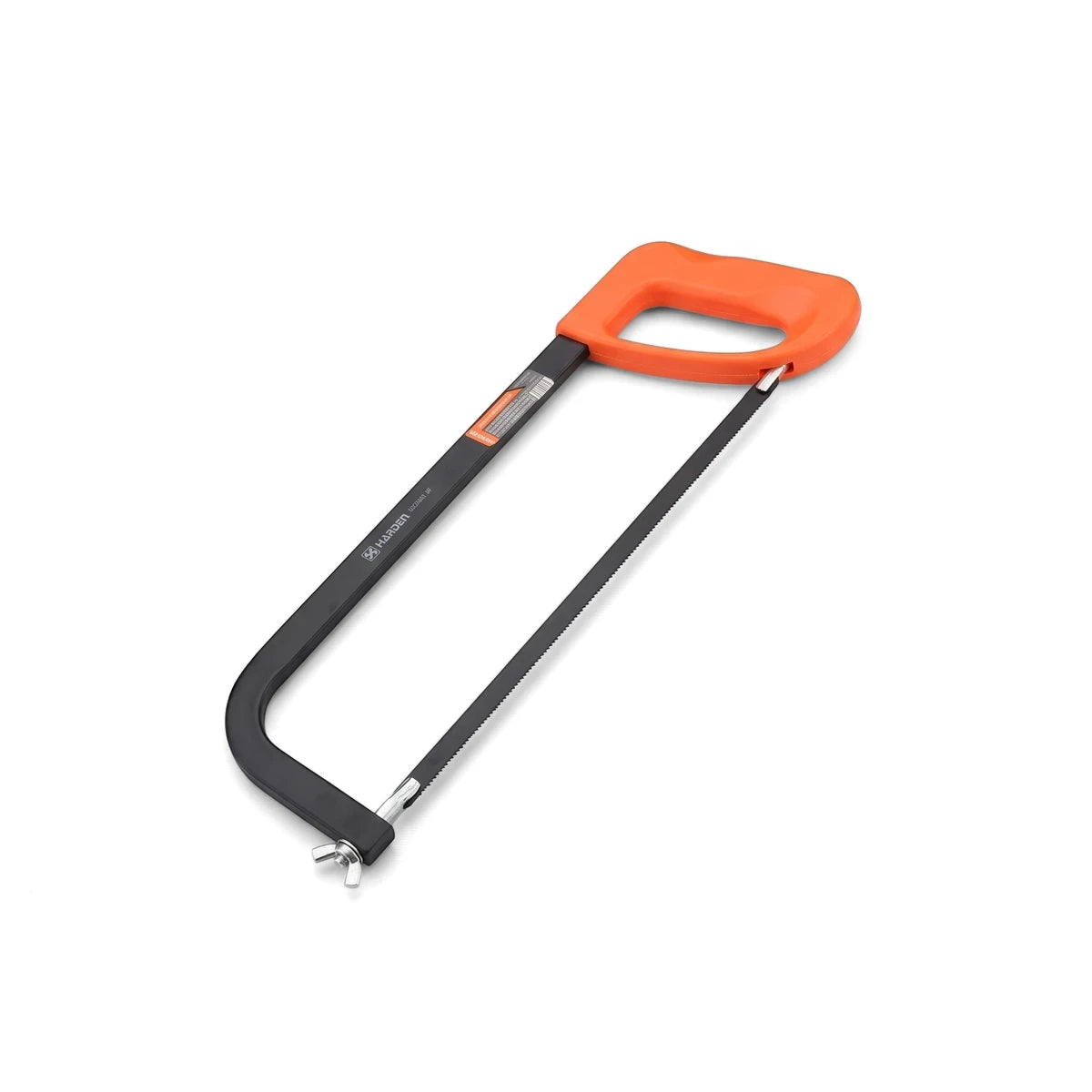 Classic frame hacksaw with an orange handle and black metal frame, a durable hand tool for cutting various materials.