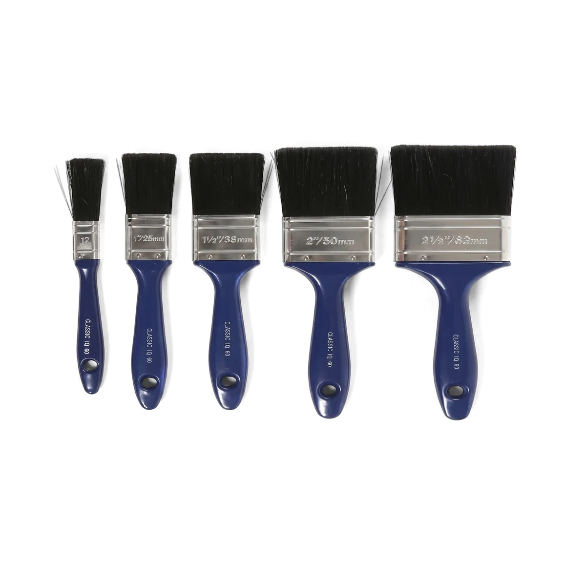 Classic IQ 60 paint brush set featuring five blue-handled brushes of varying sizes for painting projects.