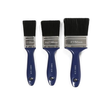 Classic IQ 60 paint brush set featuring 1-inch, 1.5-inch, and 2-inch blue-handled brushes with black bristles.