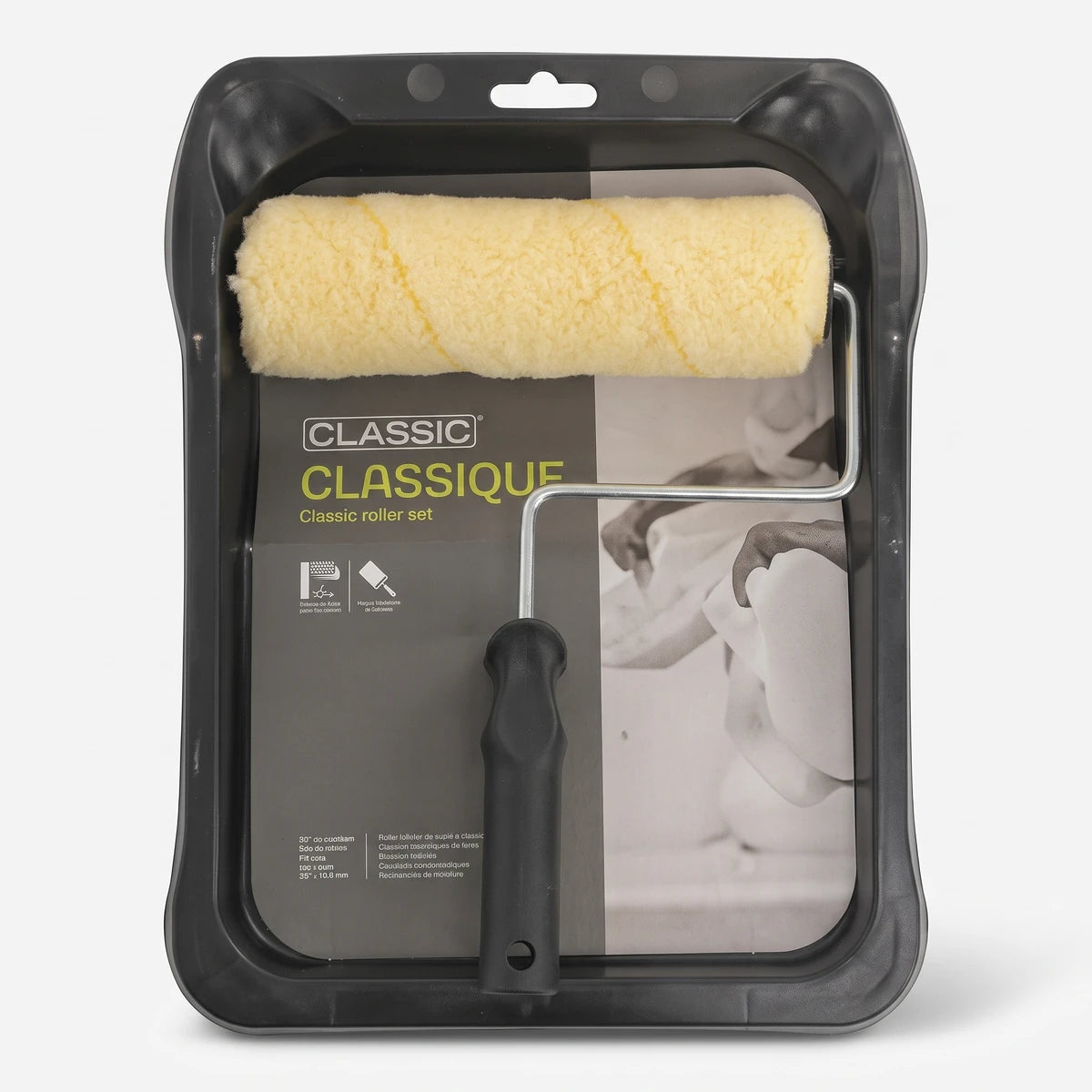 Classic Roller Set in its clear plastic packaging, featuring a yellow paint roller and a black handle.