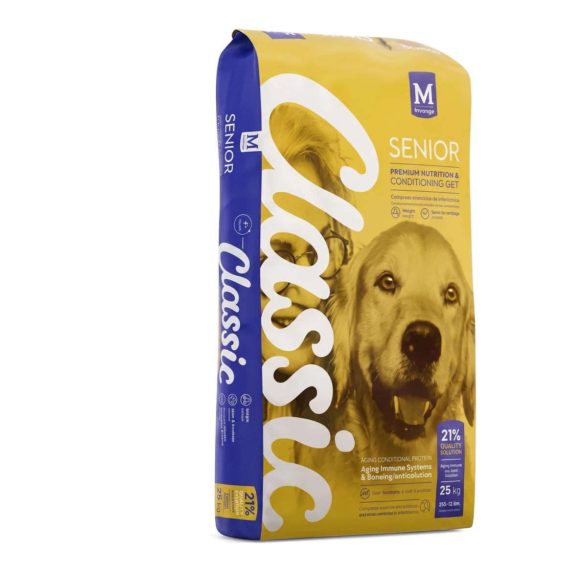 Classic Senior Dog Food in a yellow bag, featuring a golden retriever illustration and formulated for aging immune system