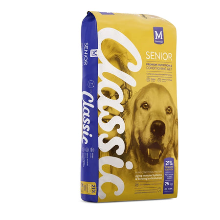 Classic Senior Dog Food in a yellow bag, featuring a golden retriever illustration and formulated for aging immune system