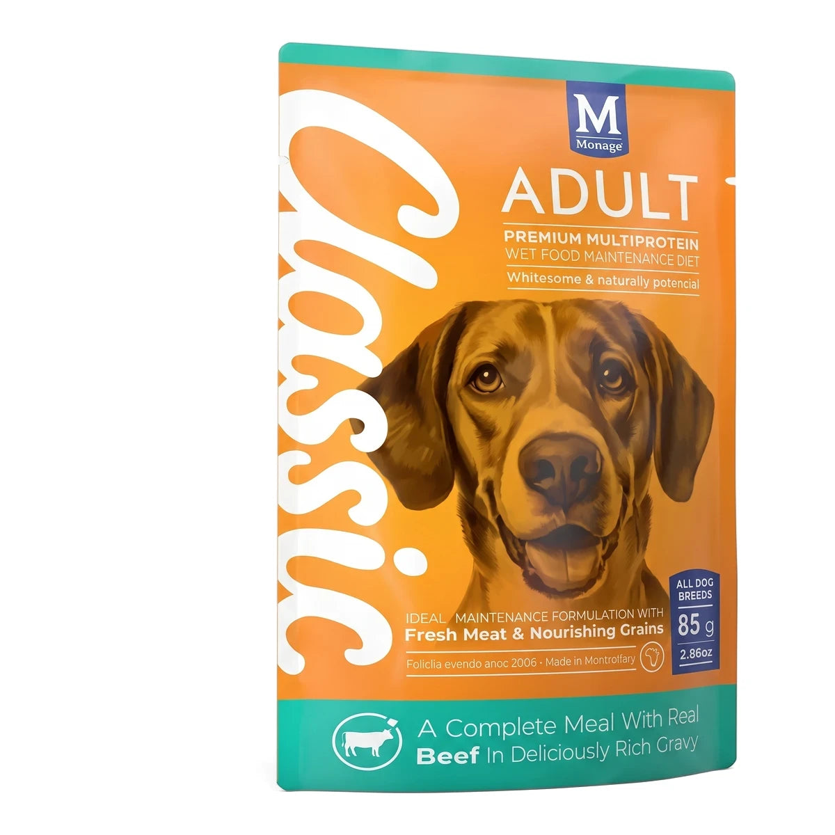 Classic Wet Adult Beef & Gravy Dog Food, an orange and green pouch featuring a dog's face, providing a complete meal.