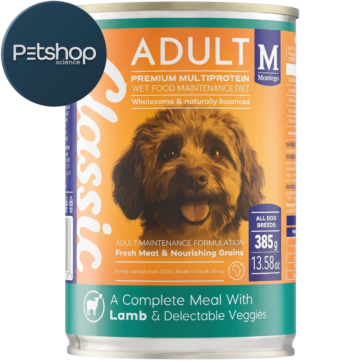 Classic Wet Adult Lamb & Veg Dog Food in a 385g can, featuring a premium multiprotein formula and a Petshop Science logo.