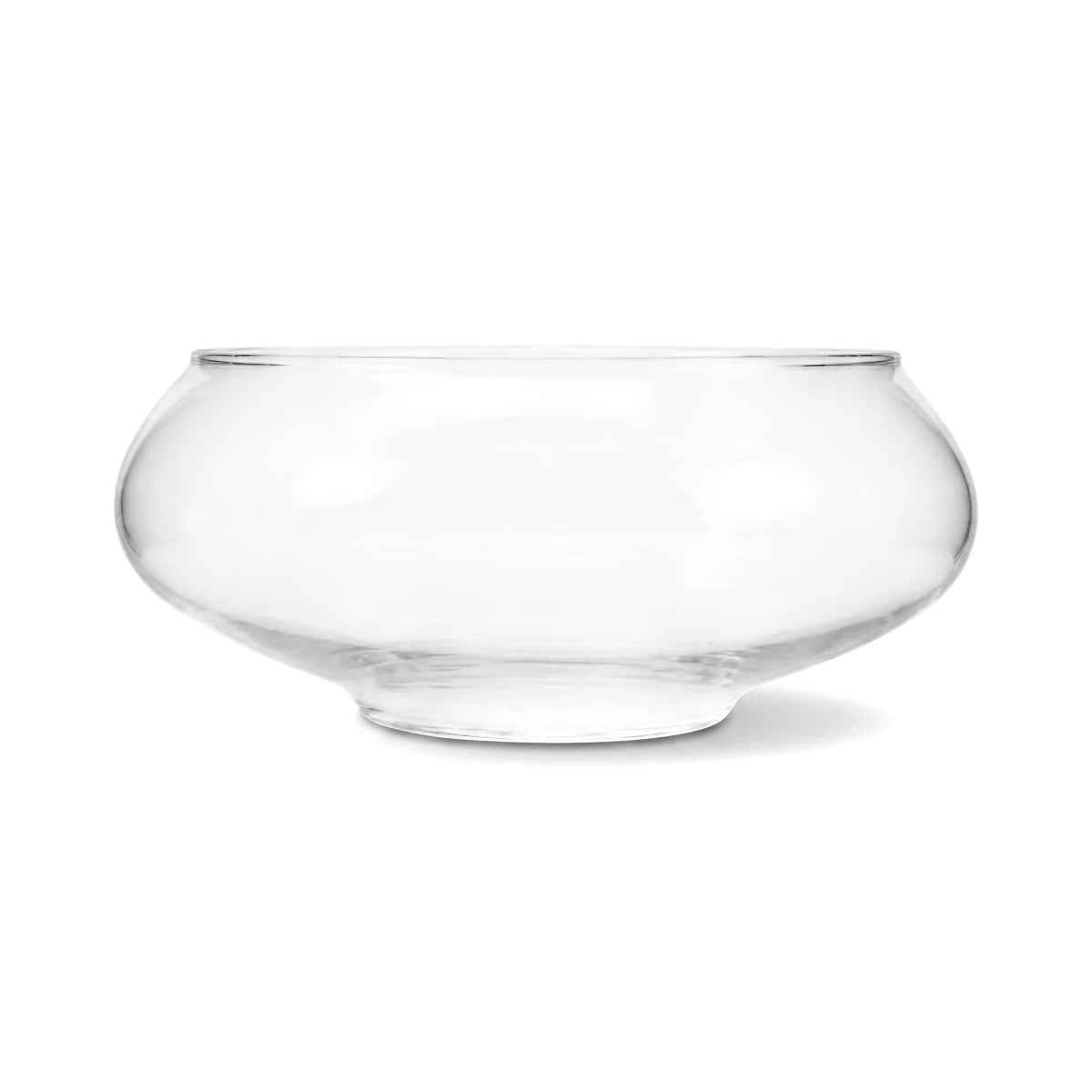 Shallow, clear glass bowl with a rounded, curved design, ideal for succulents or decorative display.