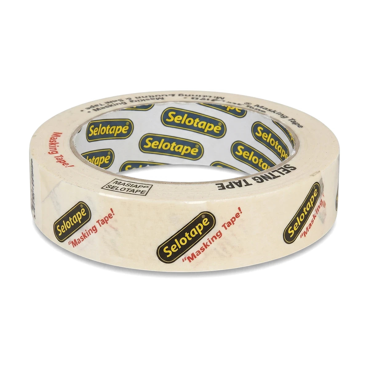 Clear roll of masking tape with yellow 'Selotape' branding and red text on a white paper core, angled view.