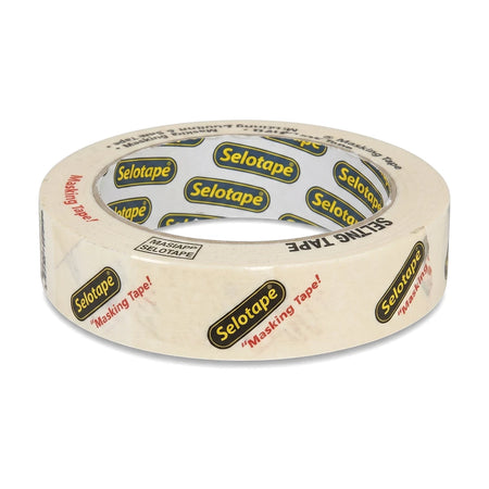 Clear roll of masking tape with yellow 'Selotape' branding and red text on a white paper core, angled view.