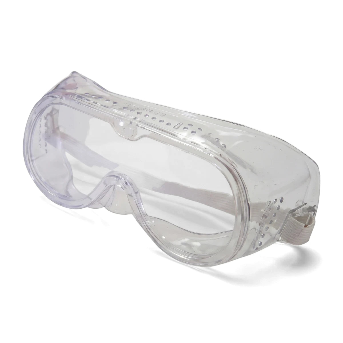 Clear transparent mono safety goggles, designed for eye protection, shown from an angled view.