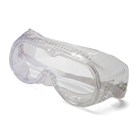 Clear transparent mono safety goggles, designed for eye protection, shown from an angled view.