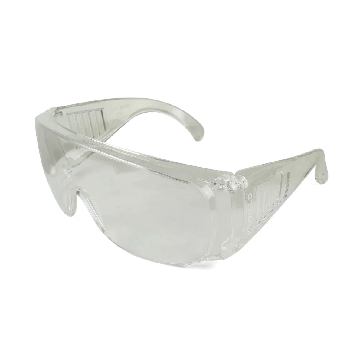 Clear plastic wrap-around spectacle safety glasses, designed for eye protection in industrial or laboratory settings.