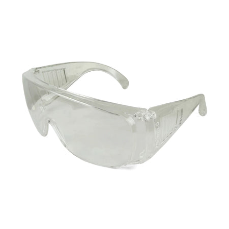 Clear plastic wrap-around spectacle safety glasses, designed for eye protection in industrial or laboratory settings.