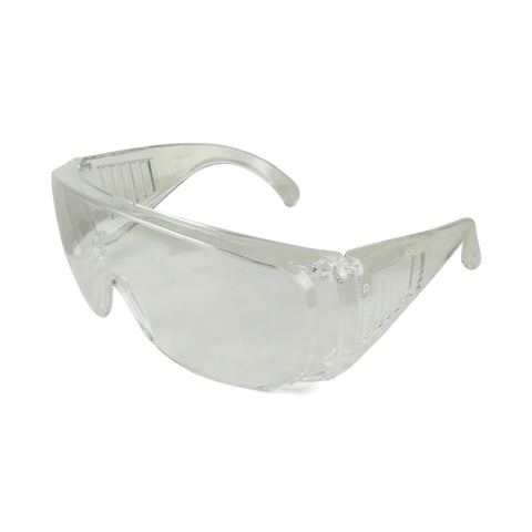 Clear plastic wrap-around spectacle safety glasses, designed for eye protection in industrial or laboratory settings.