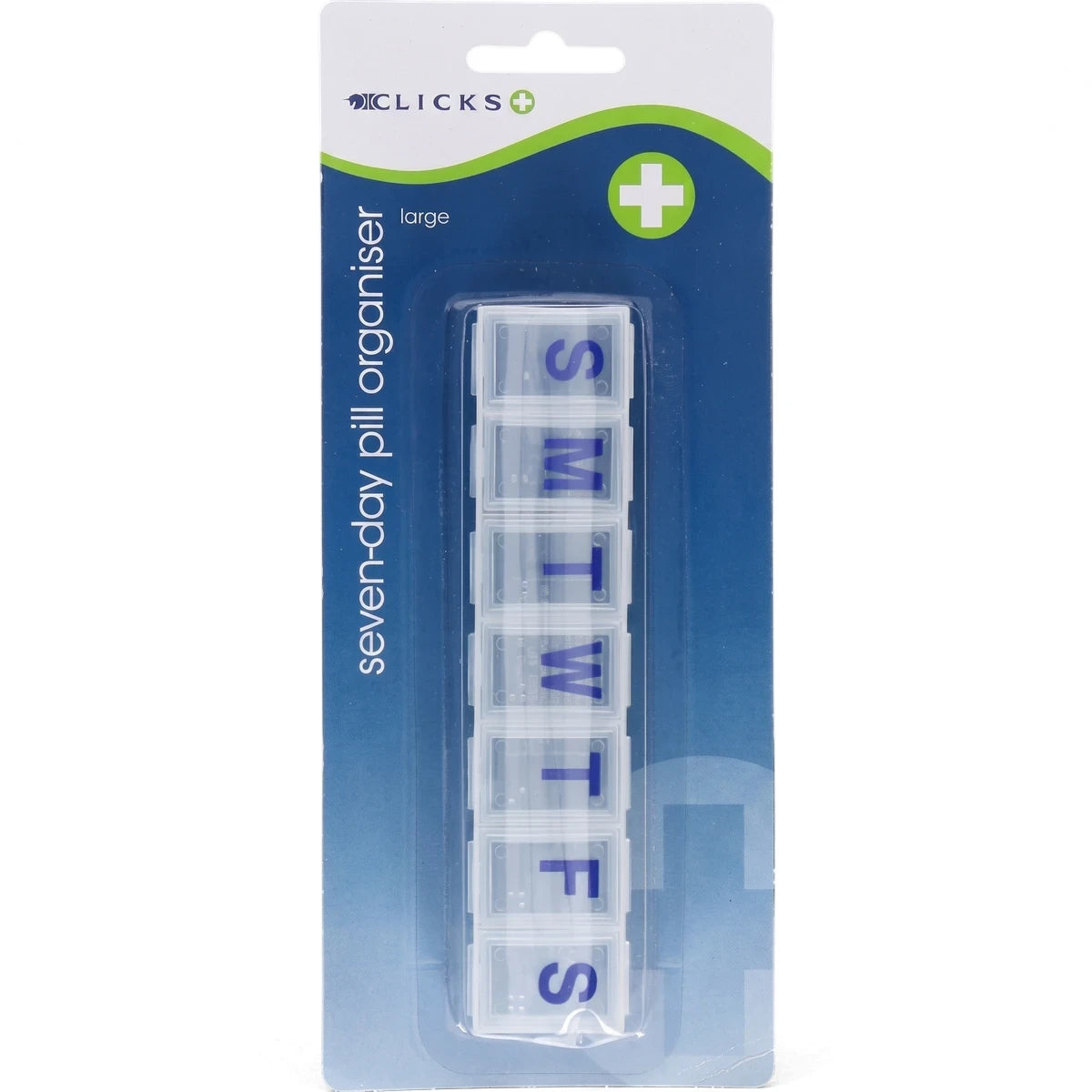 Clicks seven-day large pill organiser with clear compartments, displayed in its white and blue retail packaging.