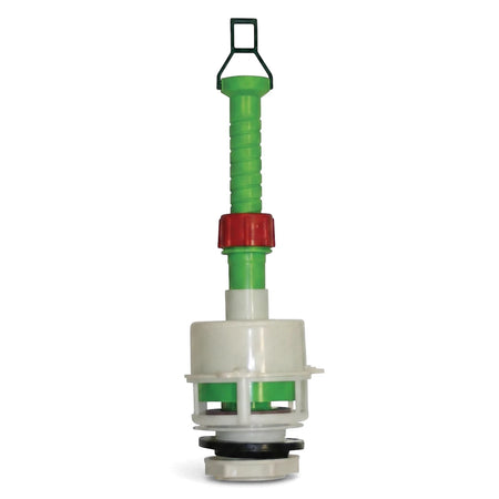 Green, red, and white close coupled toilet flush valve with black gasket for plumbing repair and maintenance.