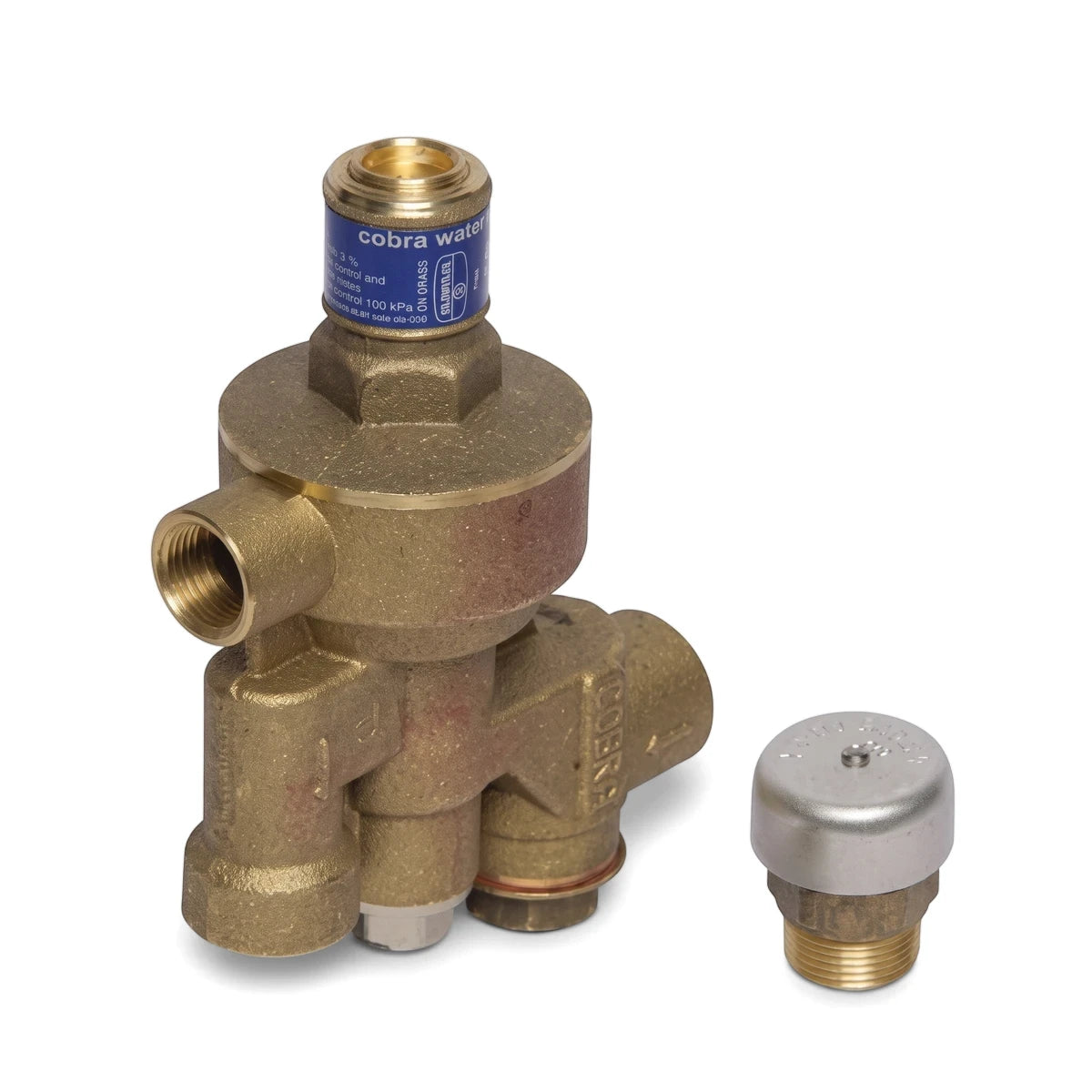 Clossy Valve 100Kpa brass pressure reducing valve with a separate small metal cap, front view.