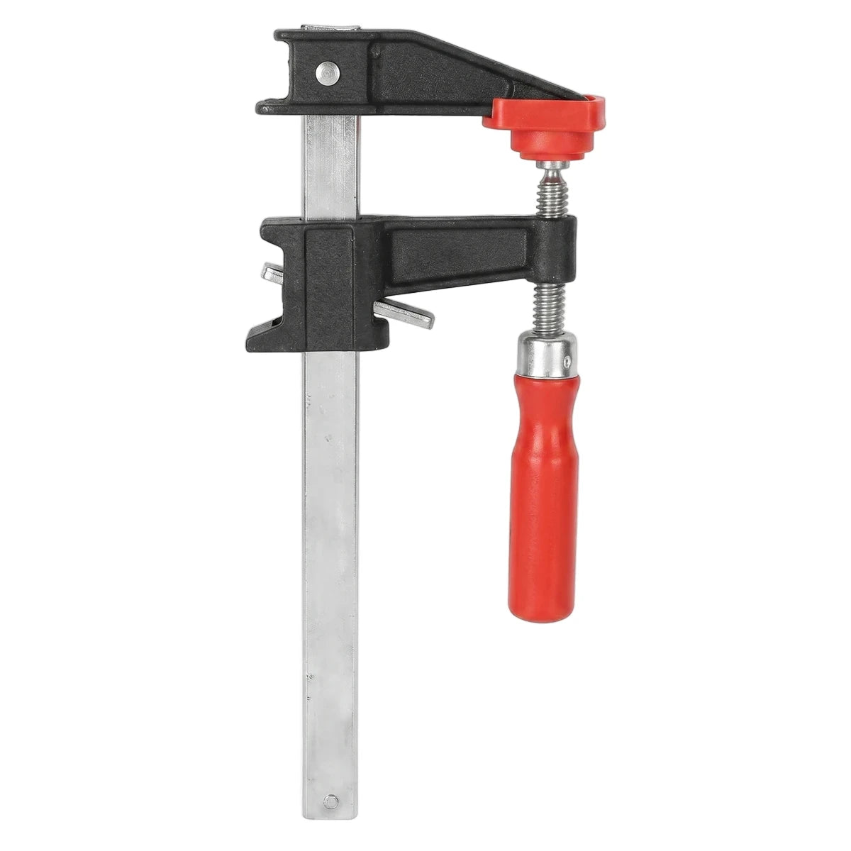 Clutch Style Bar Clamp 150mm with black jaws, a silver bar, and red plastic handle and adjusting knob, shown upright.