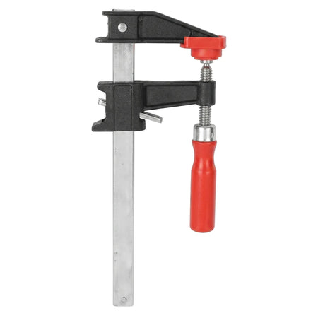 Clutch Style Bar Clamp 150mm with black jaws, a silver bar, and red plastic handle and adjusting knob, shown upright.