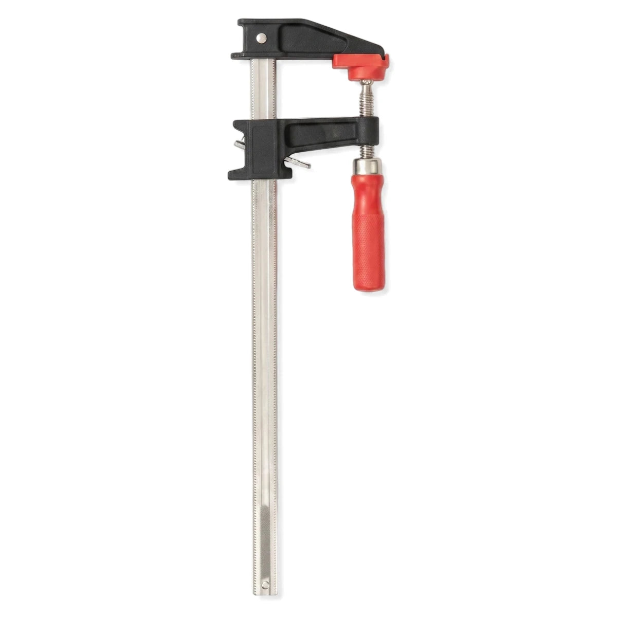 A 300mm clutch style bar clamp with black jaws, a silver bar, and a red quick-release handle, standing upright.