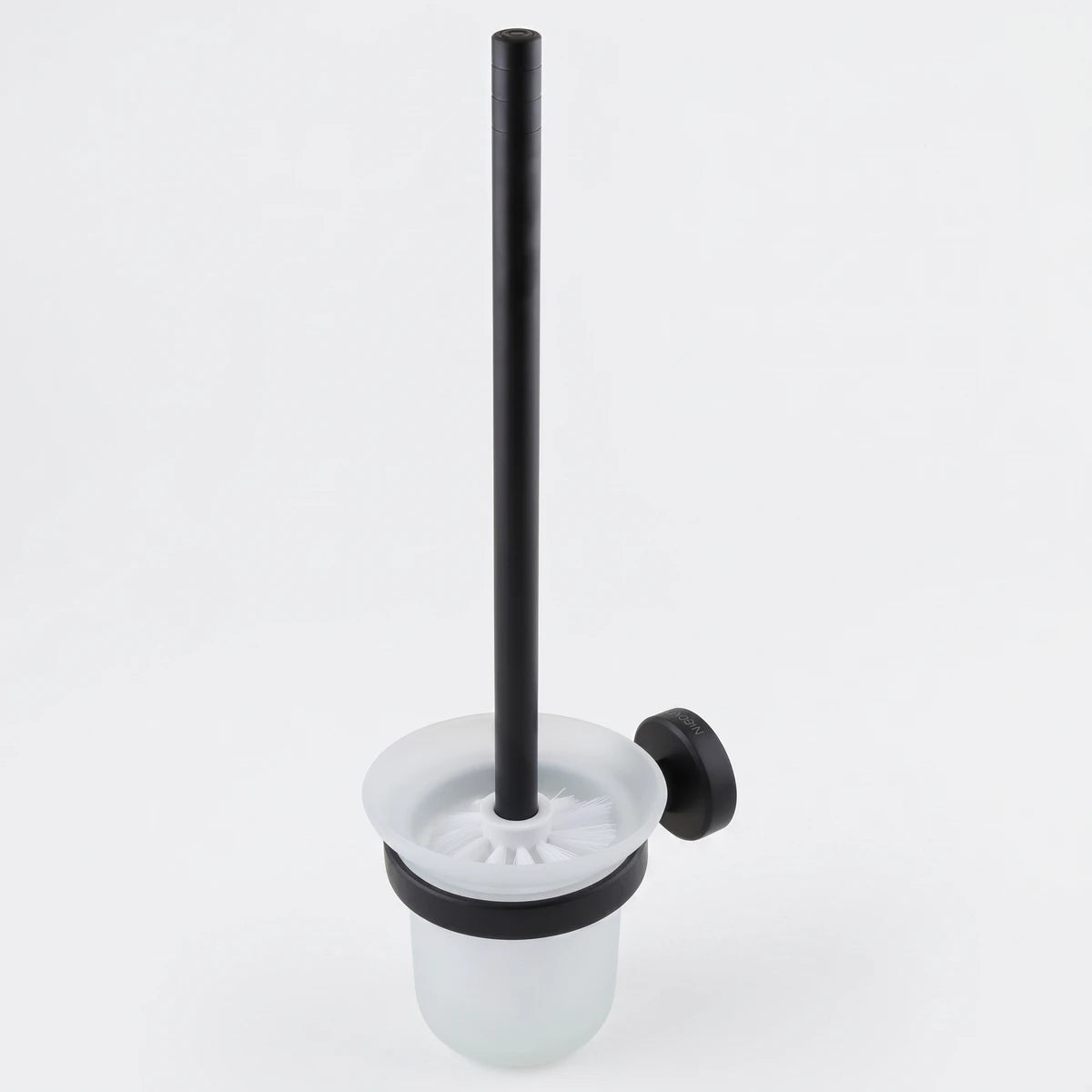 Coal black toilet brush holder with a frosted glass cup and matte black handle, wall mounted design.