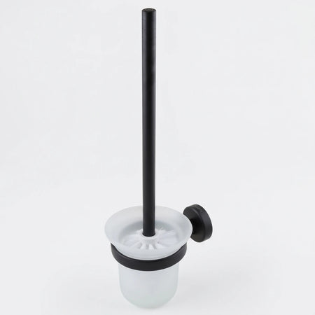 Coal black toilet brush holder with a frosted glass cup and matte black handle, wall mounted design.