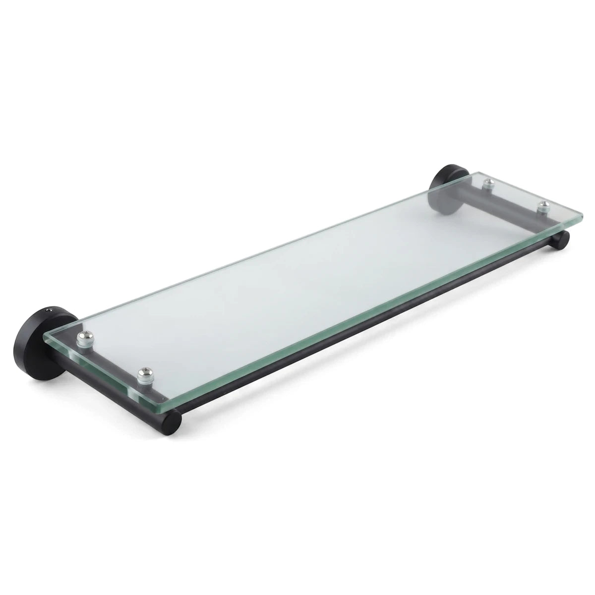 Coal Glass Bathroom Shelf, rectangular clear glass with matte black wall mounts and support rods, angled front view.