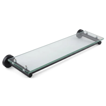 Coal Glass Bathroom Shelf, rectangular clear glass with matte black wall mounts and support rods, angled front view.