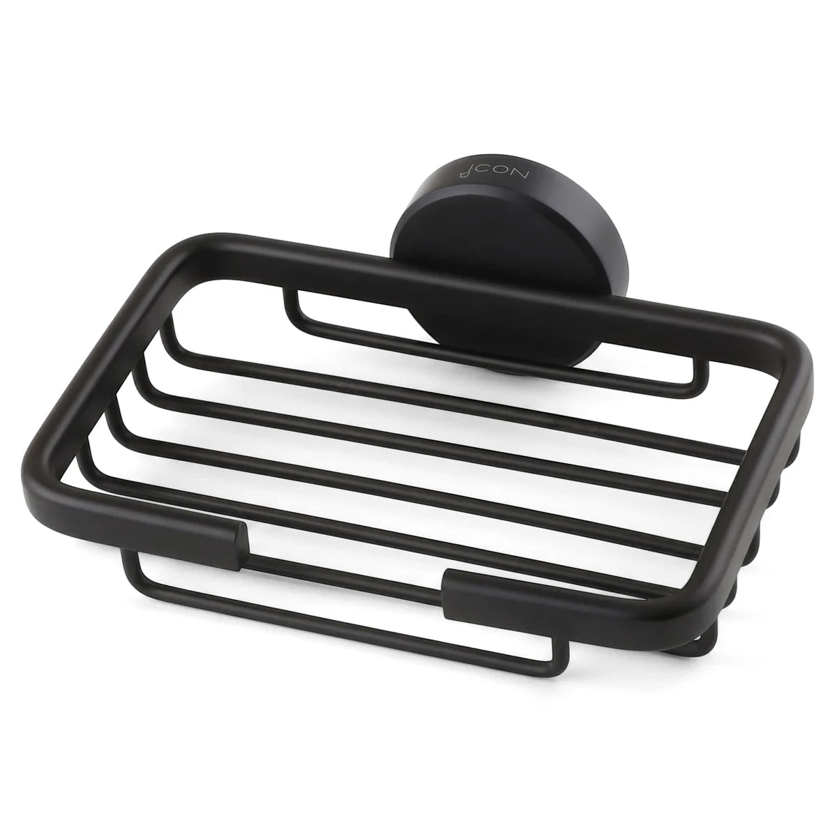 Coal matte black metal rectangular soap basket with a suction cup mount for bathroom organization.