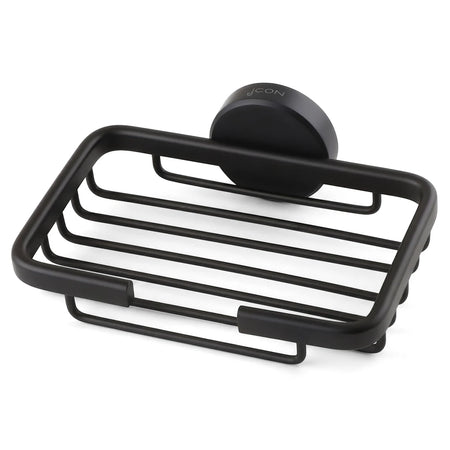 Coal matte black metal rectangular soap basket with a suction cup mount for bathroom organization.