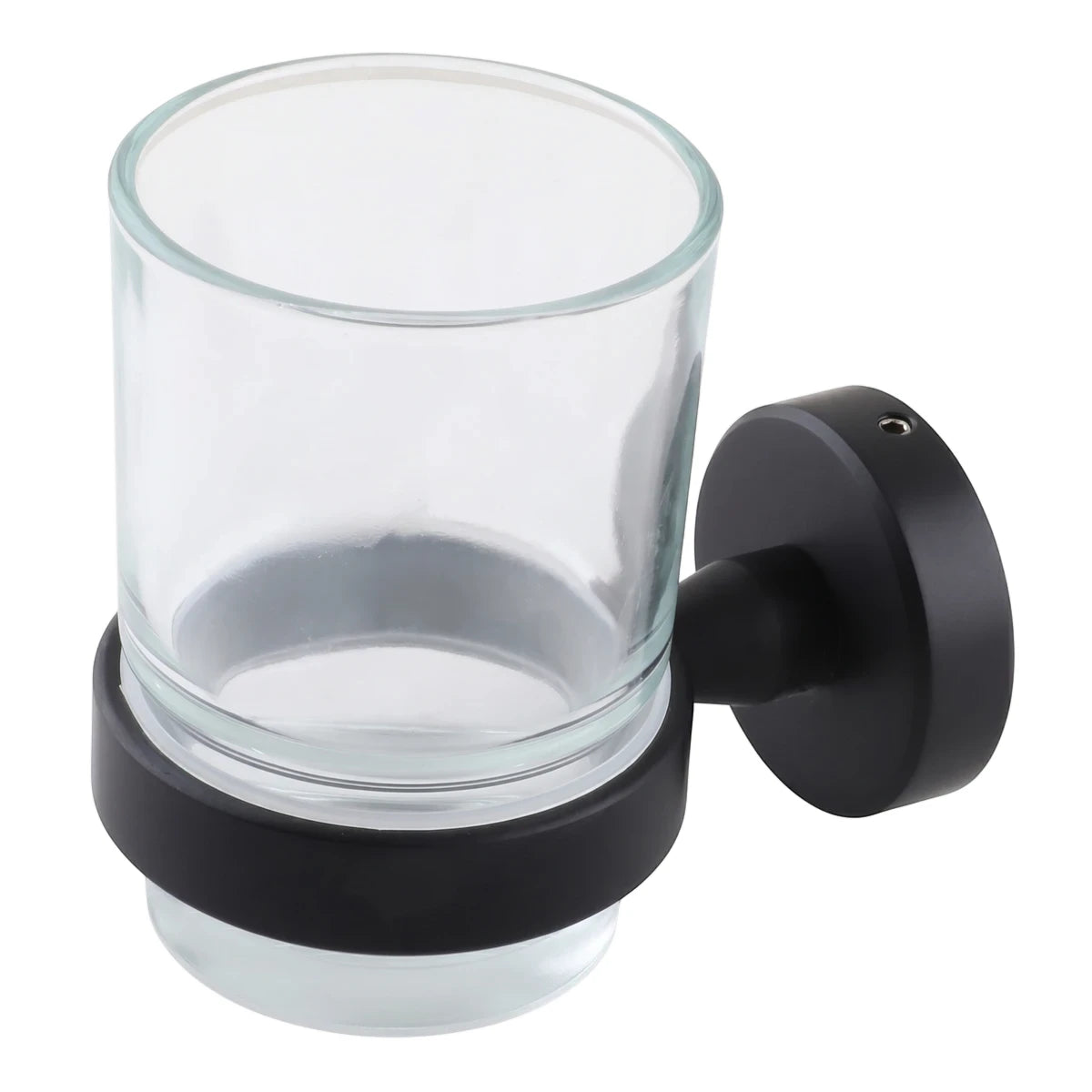 Coal Toothbrush Tumbler, wall-mounted with a clear glass cup and a modern matte black metal holder.