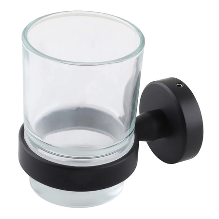 Coal Toothbrush Tumbler, wall-mounted with a clear glass cup and a modern matte black metal holder.