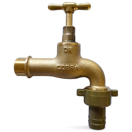 Brass Cobra 209-15 hose bibtap with a green tailpiece and threaded inlet for outdoor plumbing installations.