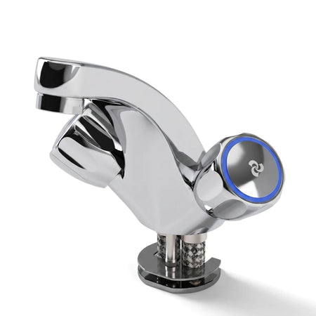 Modern Cobra Metsi Original Light Pattern Basin Mixer in polished chrome, with a blue accent on the handle, from an angled