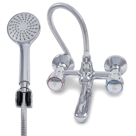 Cobra Metsi Original Light Pattern Bath Diverter M Bath Mixer in chrome with a flexible hose and shower head, featuring red