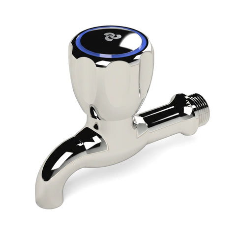 Cobra Metsi Original Light Pattern Bibtap 1/2 Mi C Tap, chrome-plated with a blue accent, shown from a front-right angle.