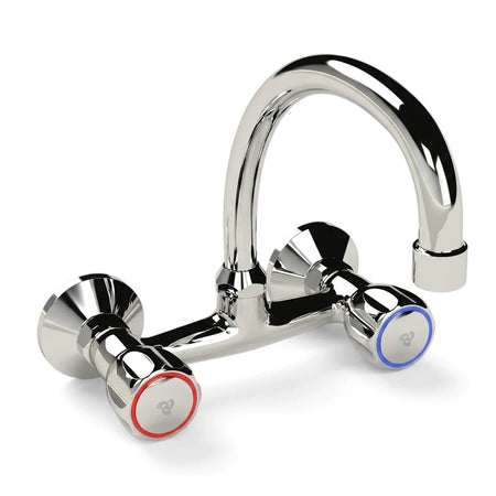 Cobra Metsi Original wall-mounted chrome kitchen faucet with red and blue hot/cold handles, angled view