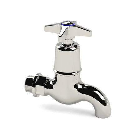 Cobra Star Heavy Pattern Bibtap Plain chrome tap with a four-point handle on a white background, view from the front-side.