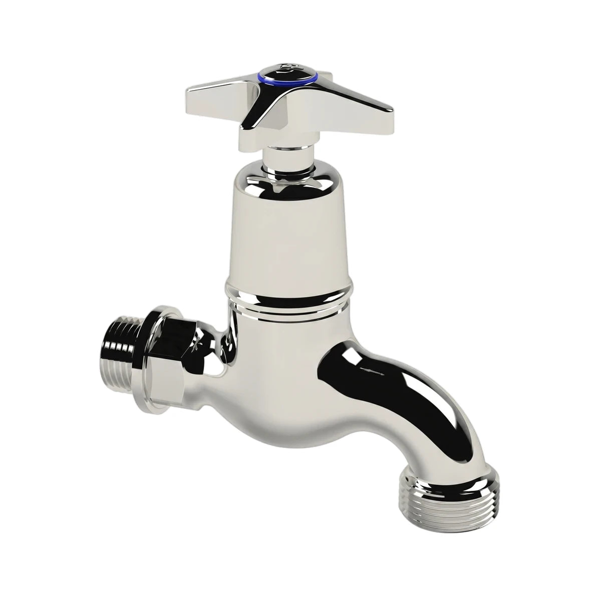 Chrome Cobra Star heavy pattern hose bibtap with a star-shaped handle and threaded connections, suitable for outdoor use.